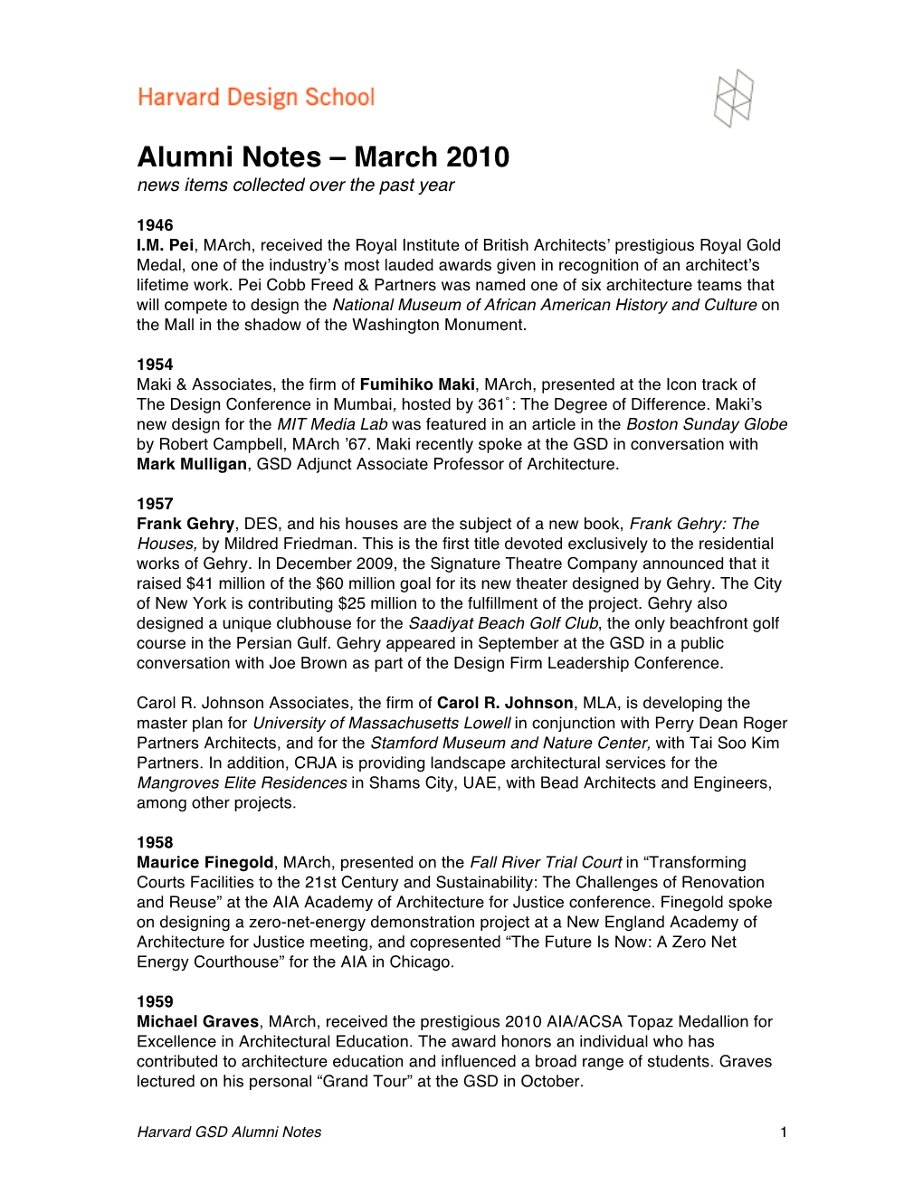 March 2010 for on Line Alumni Notes