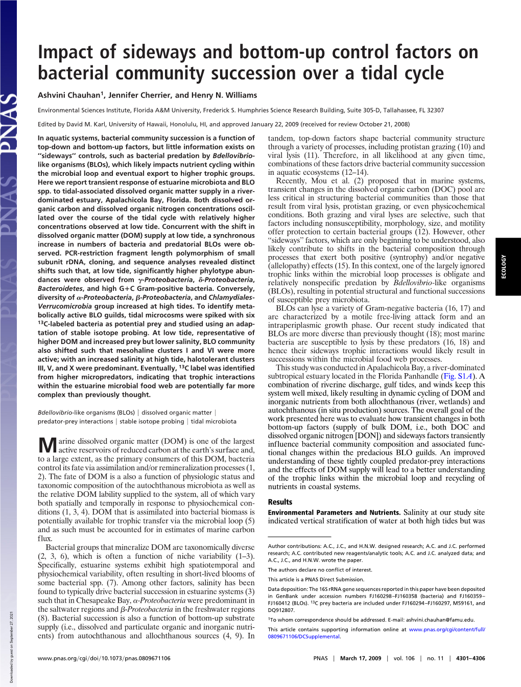 Impact of Sideways and Bottom-Up Control Factors on Bacterial Community Succession Over a Tidal Cycle