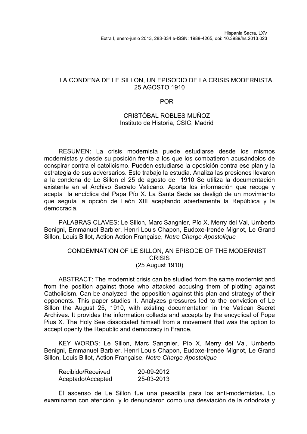 La Condena De Le Sillon, Un Episodio De La Crisis Modernista, 25 Agosto 1910