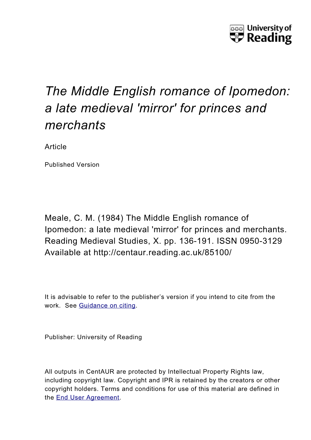 The Middle English Romance of Ipomedon: a Late Medieval 'Mirror' for Princes and Merchants