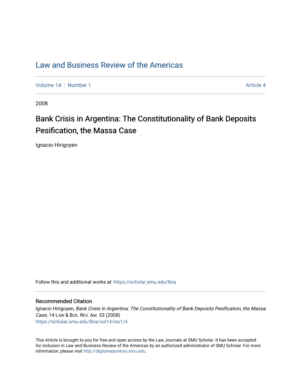 The Constitutionality of Bank Deposits Pesification, the Massa Case