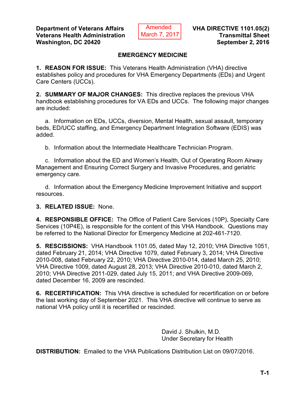 VHA Dir 1101.05(2), Emergency Medicine