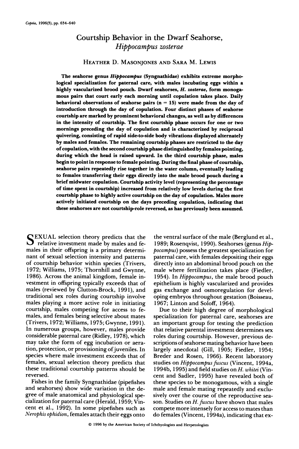 Courtship Behavior in the Dwarf Seahorse, Hippocampuszosterae