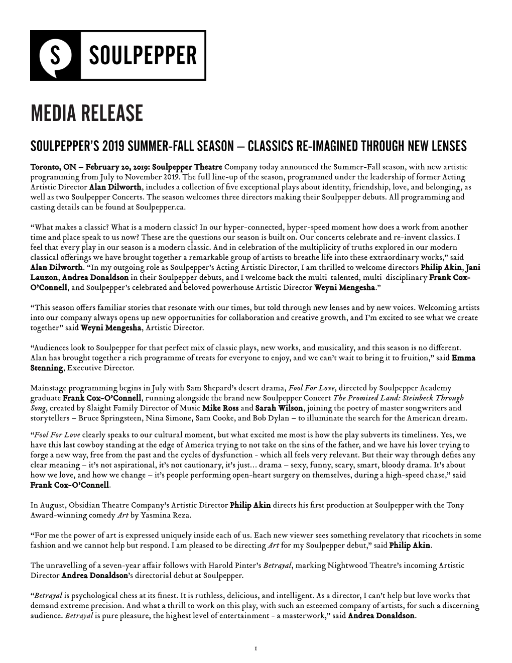 Media Release Soulpepper’S 2019 Summer-Fall Season – Classics Re-Imagined Through New Lenses