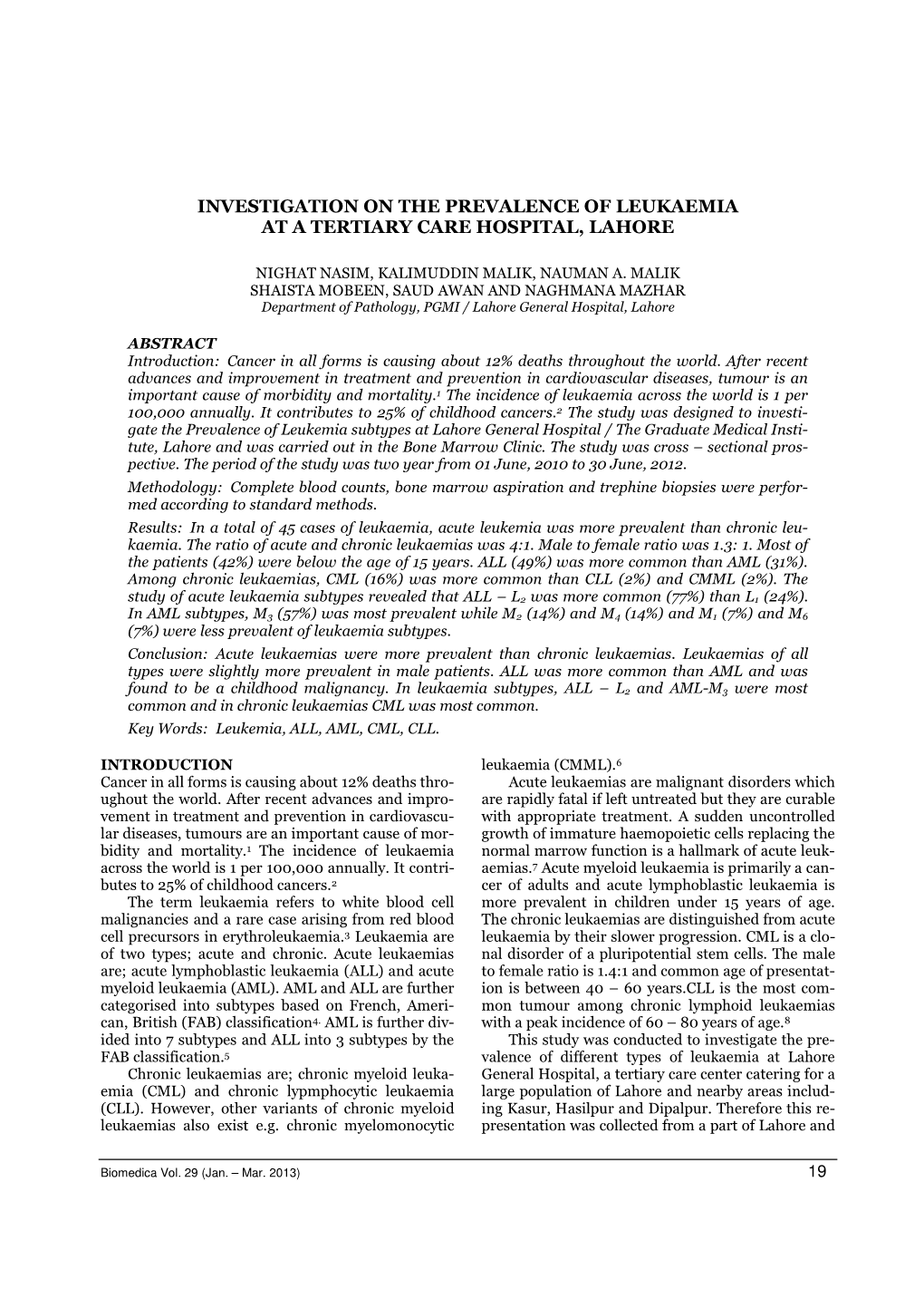 Investigation on the Prevalence of Leukaemia at a Tertiary Care Hospital, Lahore