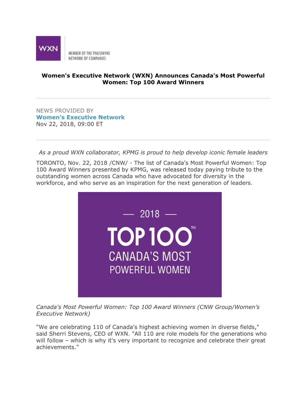 Women's Executive Network (WXN) Announces Canada's Most Powerful Women: Top 100 Award Winners