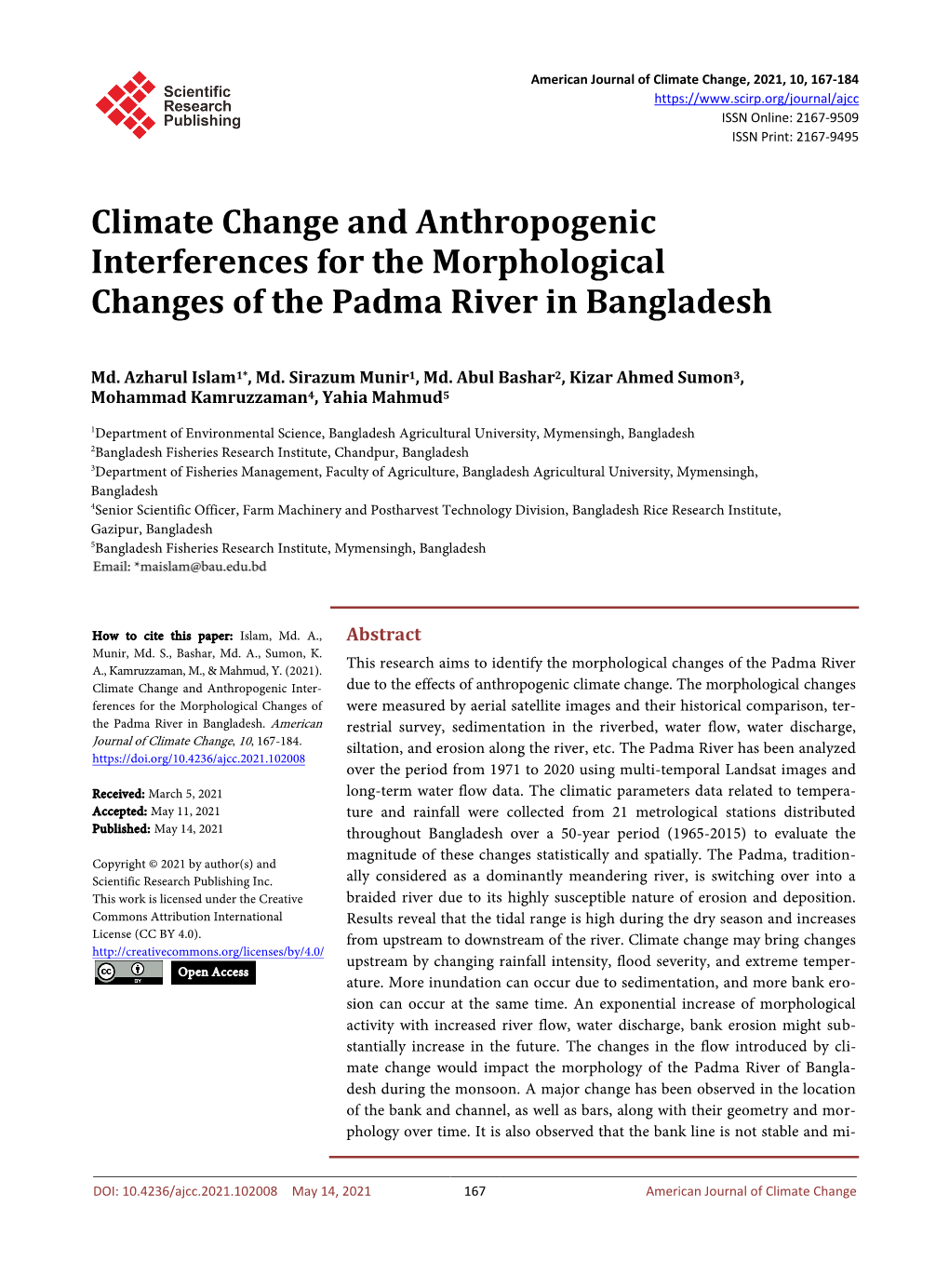 Climate Change and Anthropogenic Interferences for the Morphological Changes of the Padma River in Bangladesh