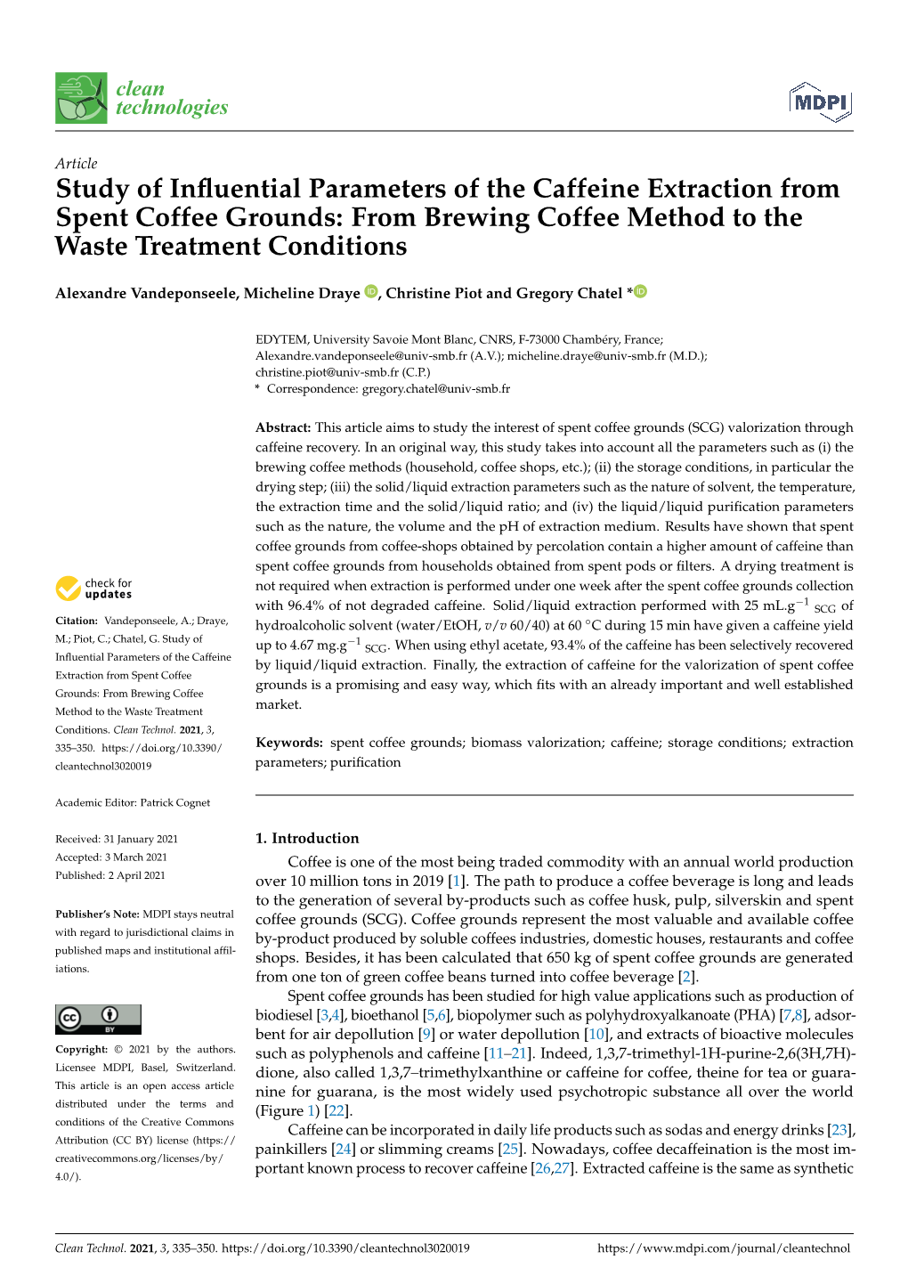 Study of Influential Parameters of the Caffeine Extraction From