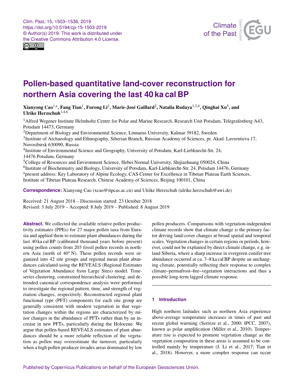 Pollen-Based Quantitative Land-Cover Reconstruction for Northern Asia Covering the Last 40 Ka Cal BP