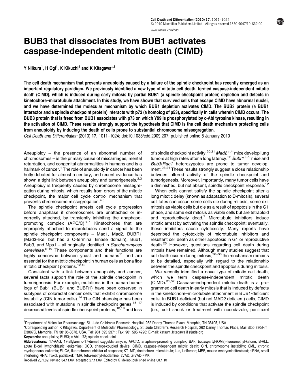 BUB3 That Dissociates from BUB1 Activates Caspase-Independent Mitotic Death (CIMD)