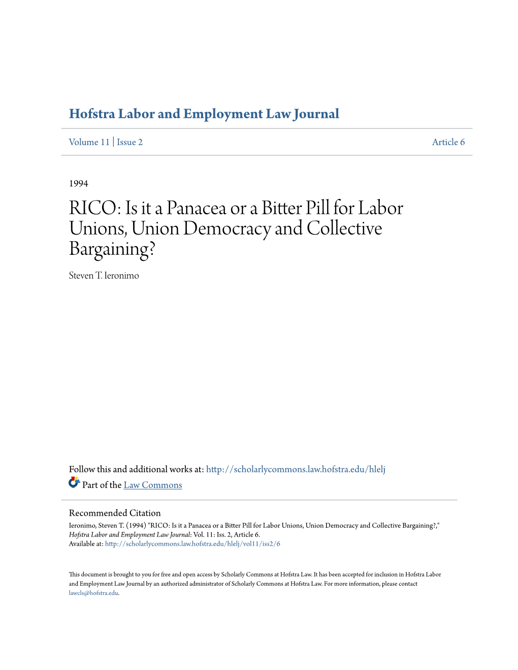 RICO: Is It a Panacea Or a Bitter Pill for Labor Unions, Union Democracy and Collective Bargaining? Steven T