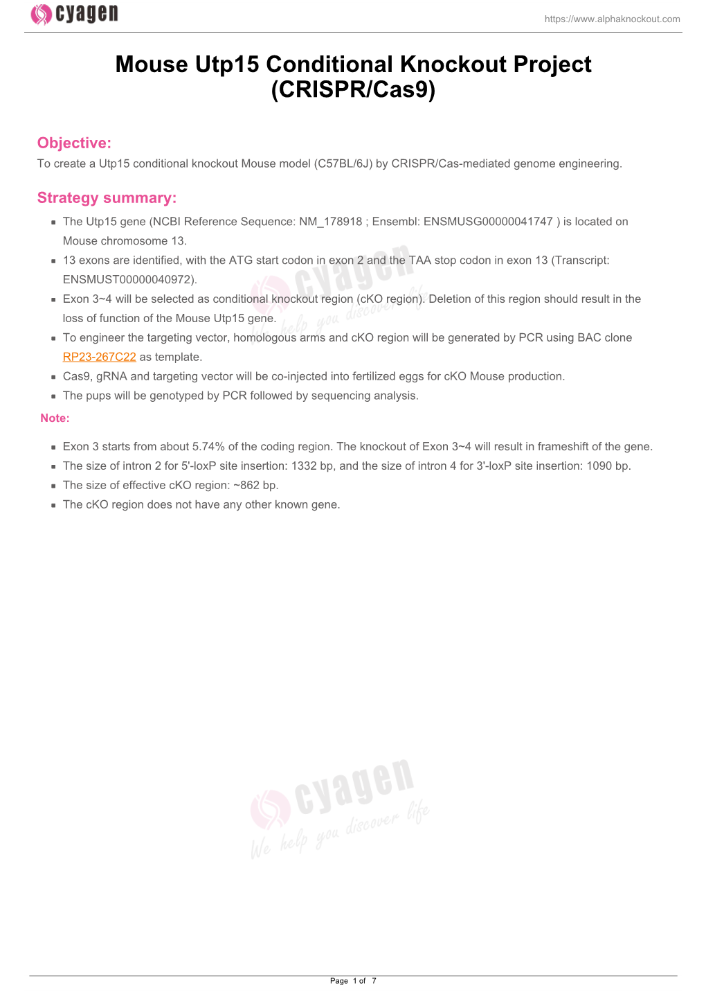 Mouse Utp15 Conditional Knockout Project (CRISPR/Cas9)