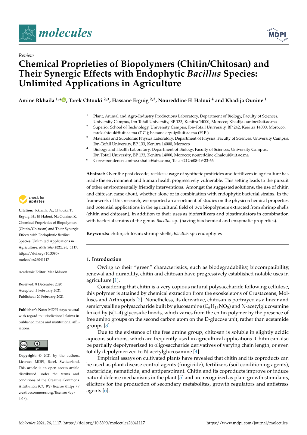 Chitin/Chitosan) and Their Synergic Effects with Endophytic Bacillus Species: Unlimited Applications in Agriculture