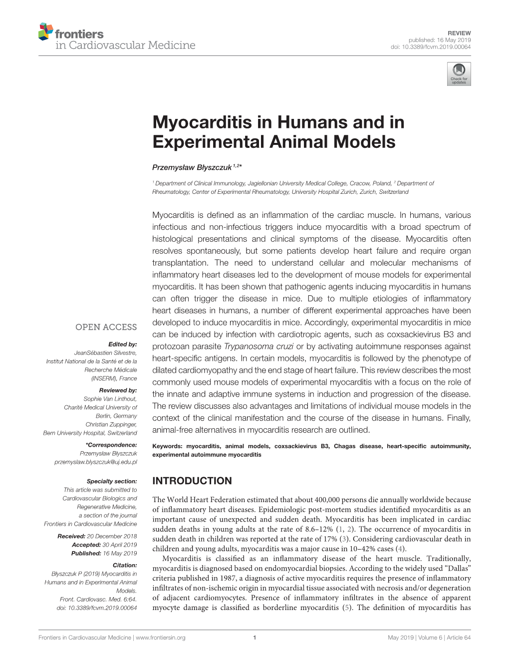 Myocarditis in Humans and in Experimental Animal Models