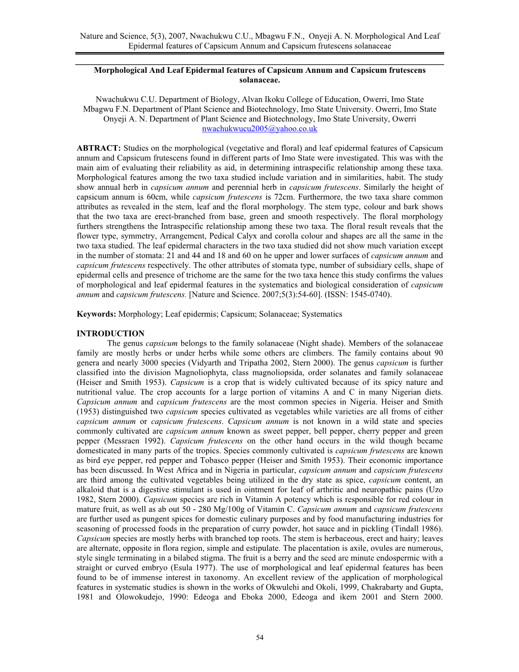 Morphological and Leaf Epidermal Features of Capsicum Annum and Capsicum Frutescens Solanaceae