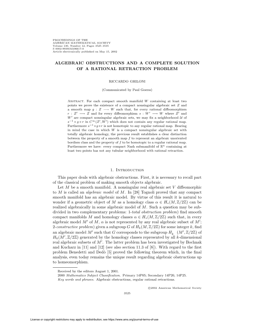 Algebraic Obstructions and a Complete Solution of a Rational Retraction Problem