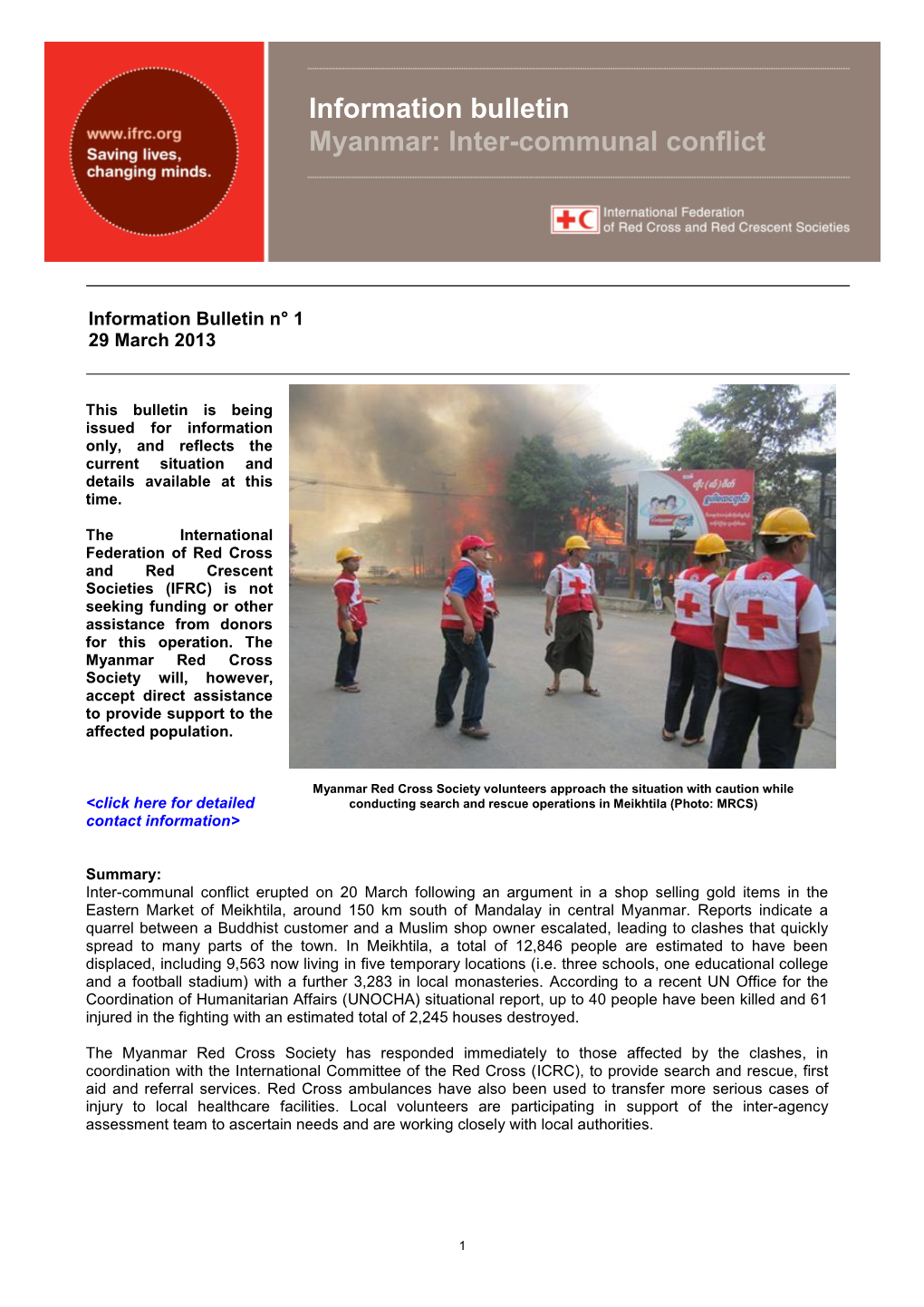 Information Bulletin Myanmar: Inter-Communal Conflict