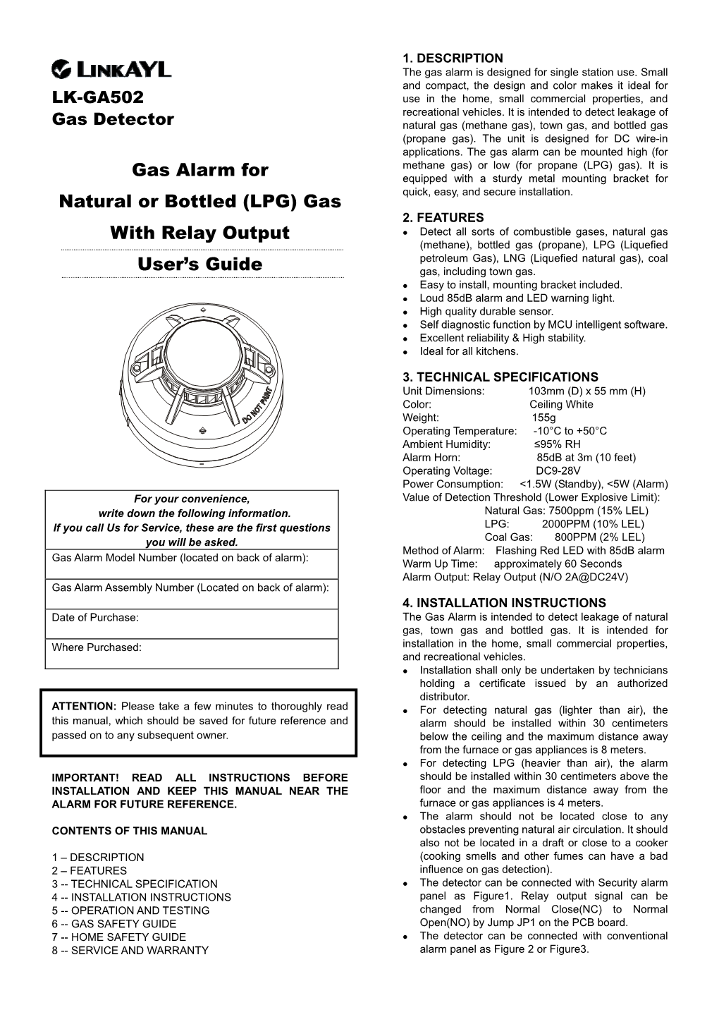 Gas Alarm for Natural Or Bottled (LPG) Gas with Relay Output User's