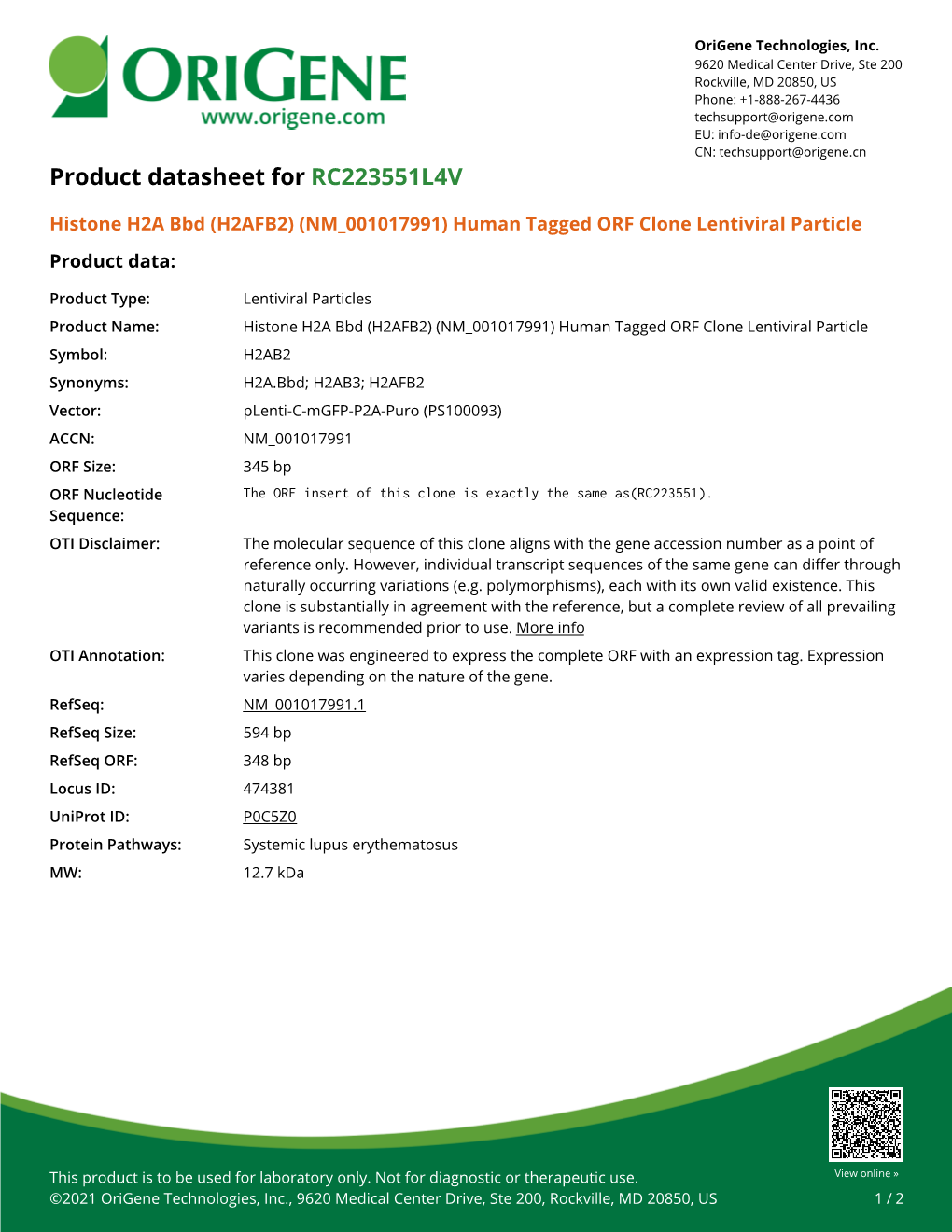 Histone H2A Bbd (H2AFB2) (NM 001017991) Human Tagged ORF Clone Lentiviral Particle Product Data