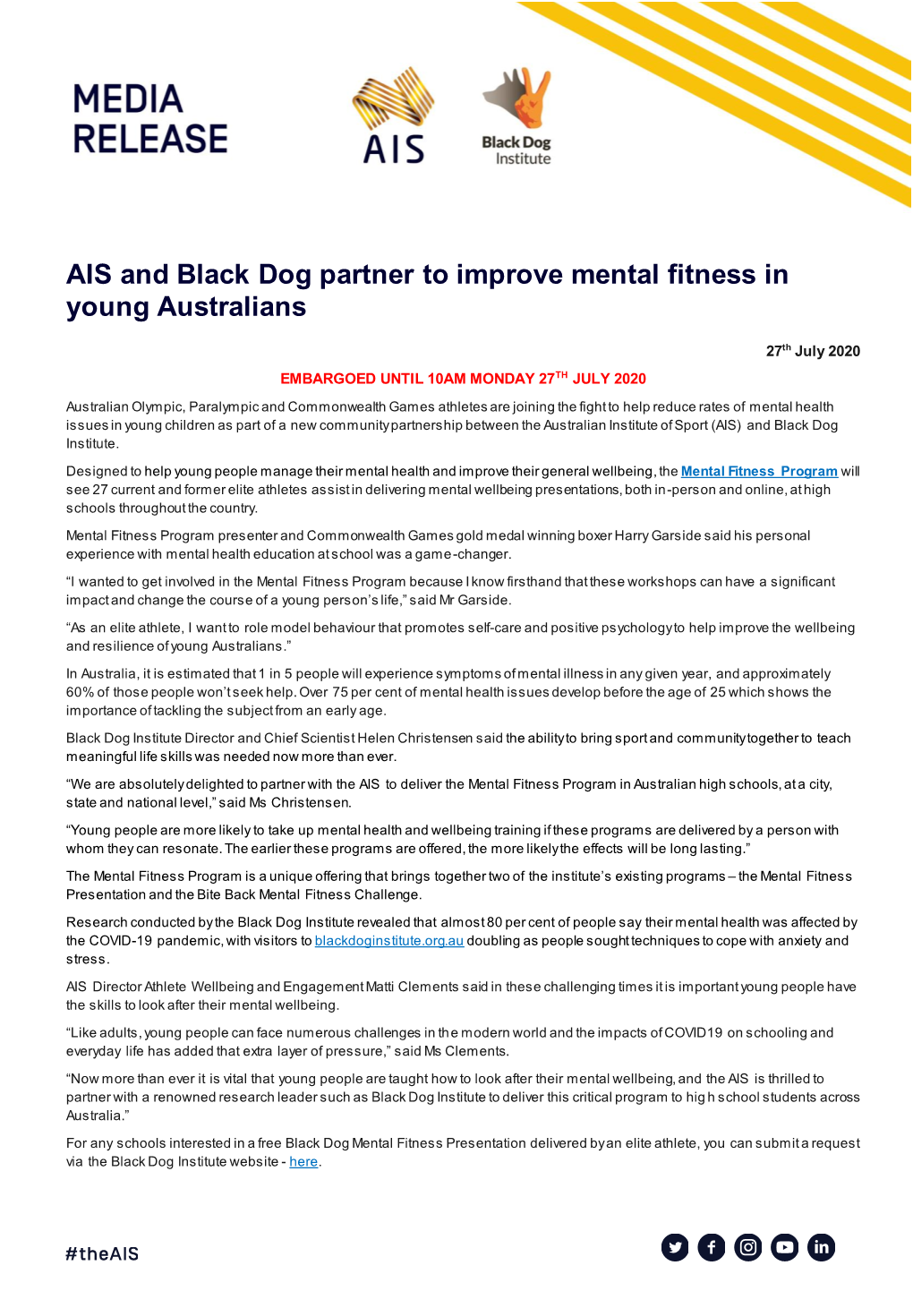 AIS and Black Dog Partner to Improve Mental Fitness in Young Australians