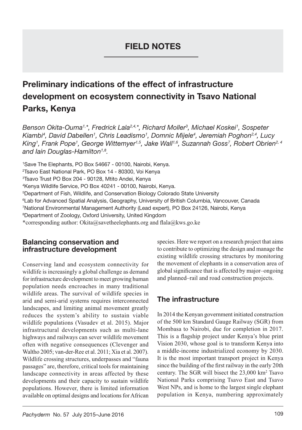 Preliminary Indications of the Effect of Infrastructure Development on Ecosystem Connectivity in Tsavo National Parks, Kenya