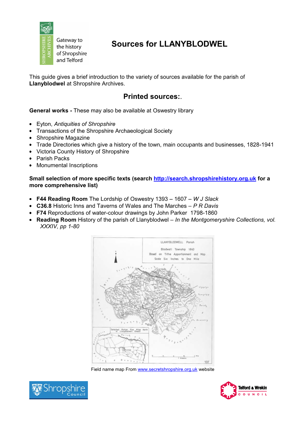 Sources for LLANYBLODWEL