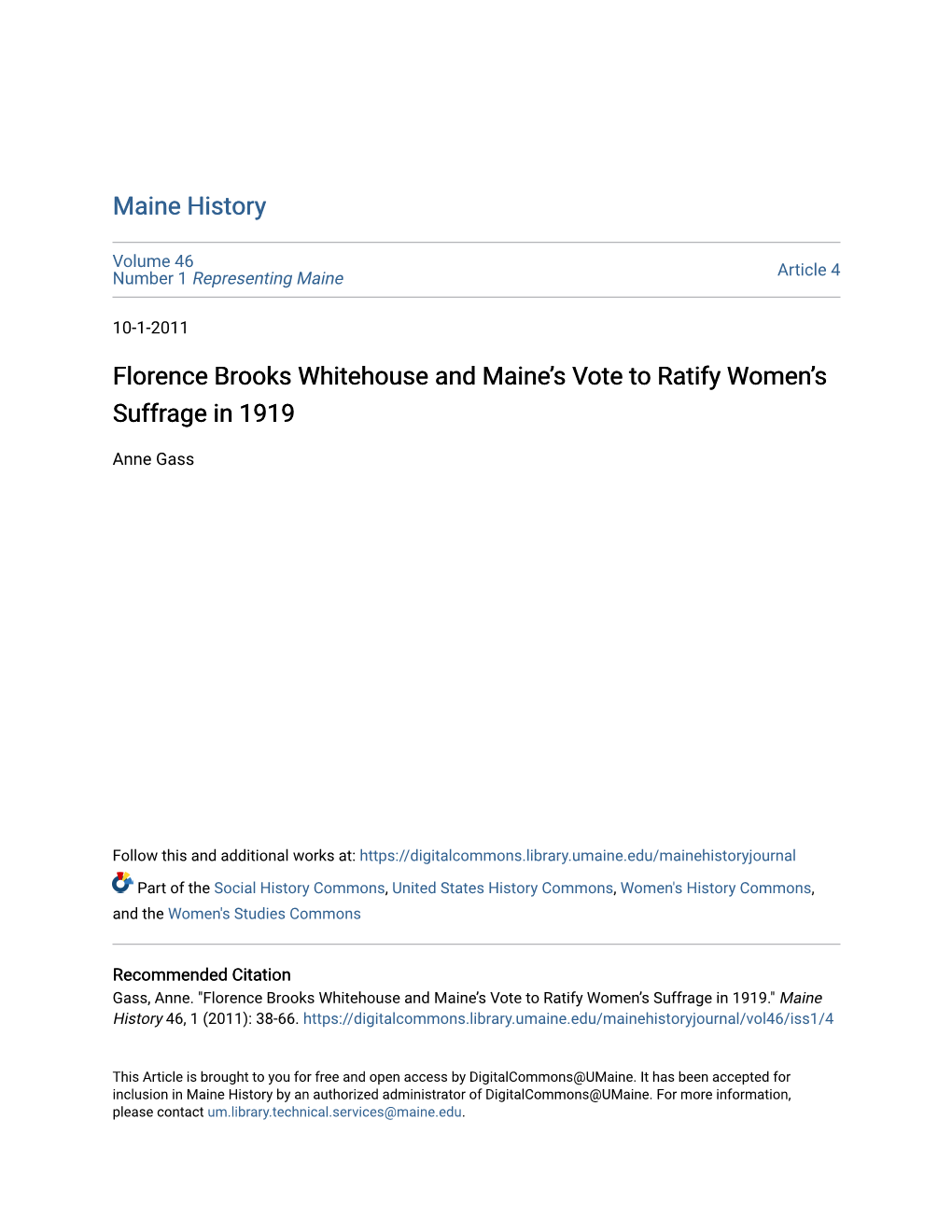 Florence Brooks Whitehouse and Maine's Vote to Ratify Women's