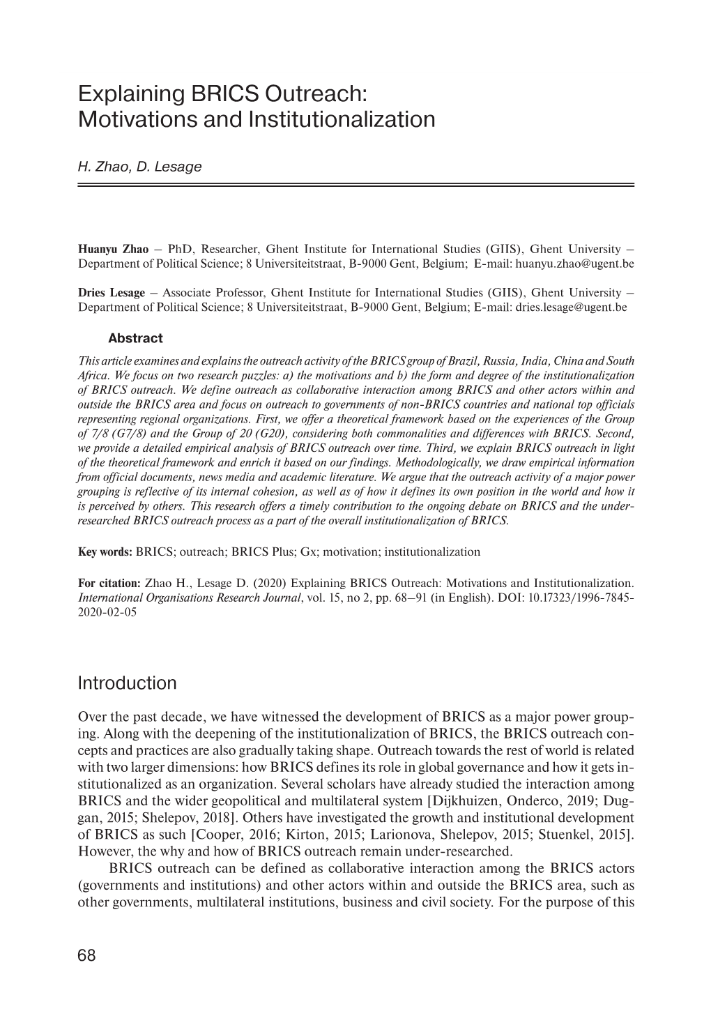 Explaining BRICS Outreach: Motivations and Institutionalization