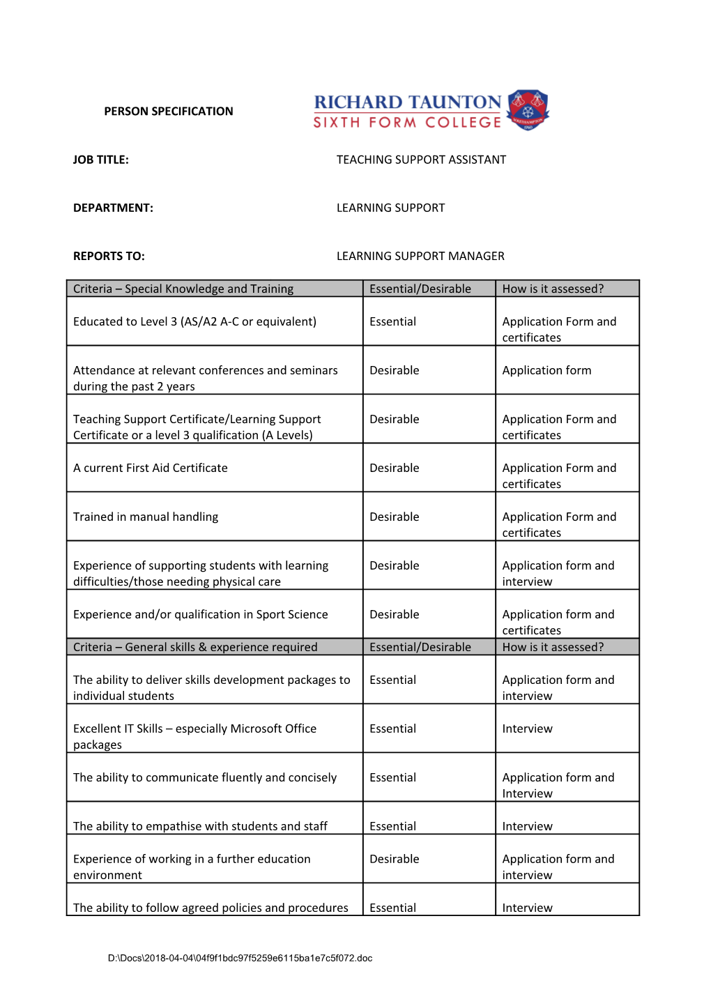 Application Form Criteria Within the Person Specification Are Assessed Against the Application