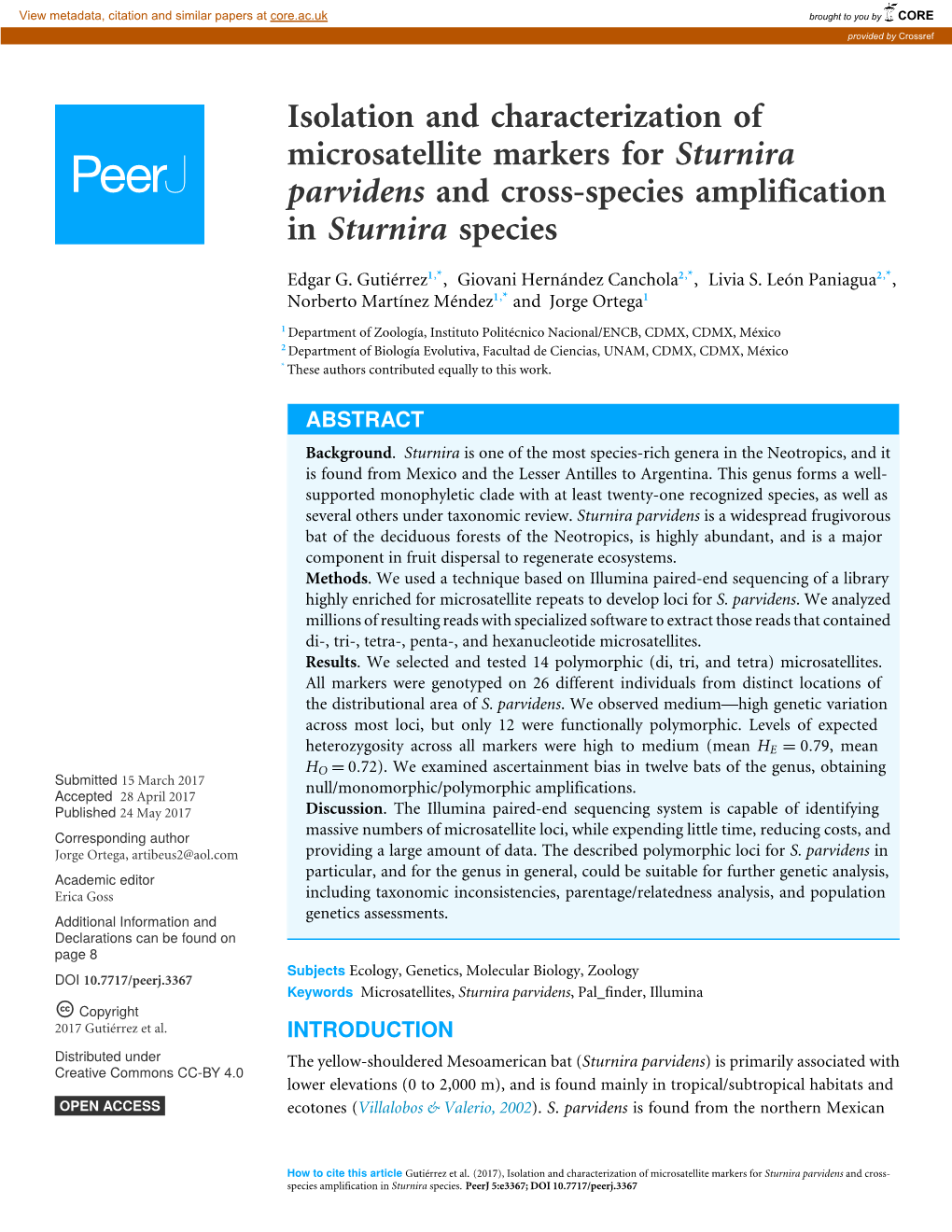 Isolation and Characterization of Microsatellite Markers for Sturnira Parvidens and Cross-Species Amplification in Sturnira Species