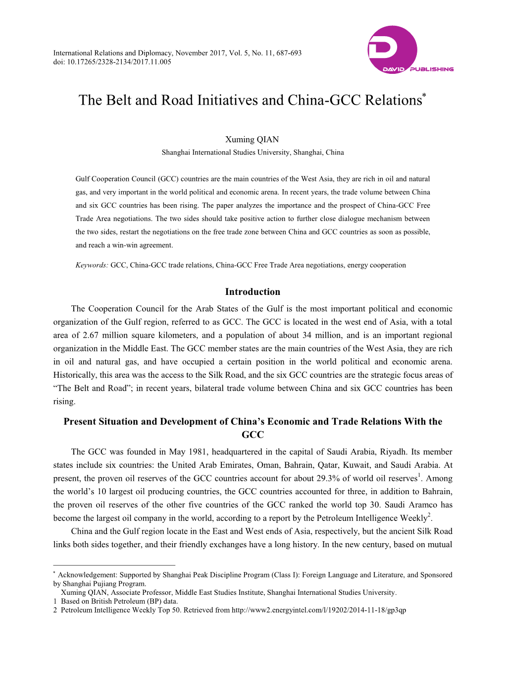 The Belt and Road Initiatives and China-GCC Relations