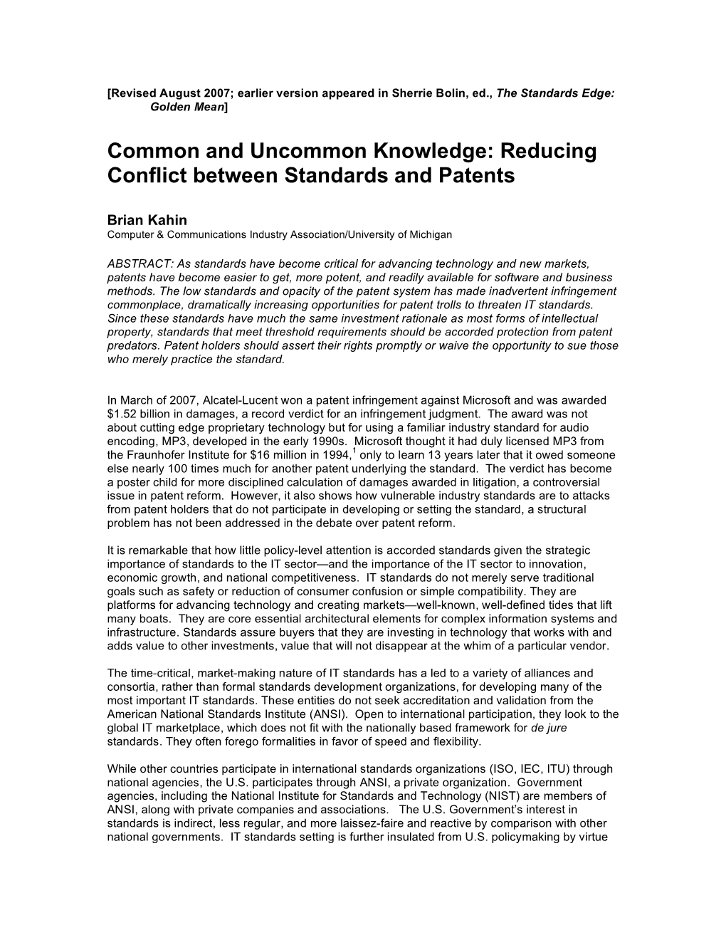 Common and Uncommon Knowledge: Reducing Conflict Between Standards and Patents