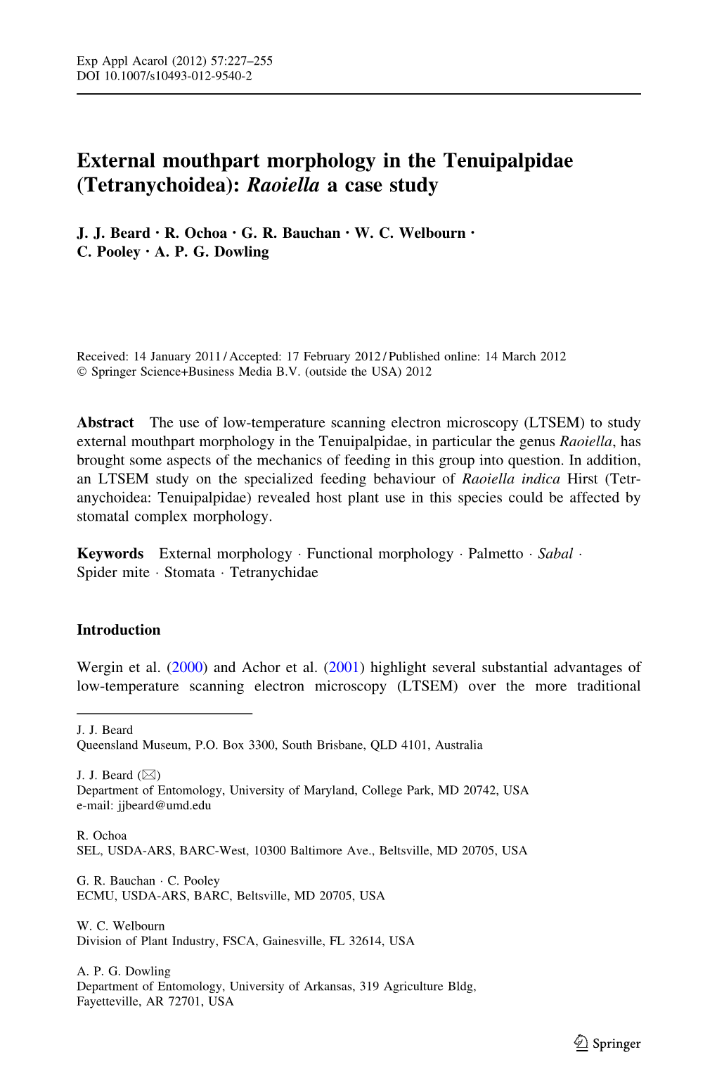 External Mouthpart Morphology in the Tenuipalpidae (Tetranychoidea): Raoiella a Case Study