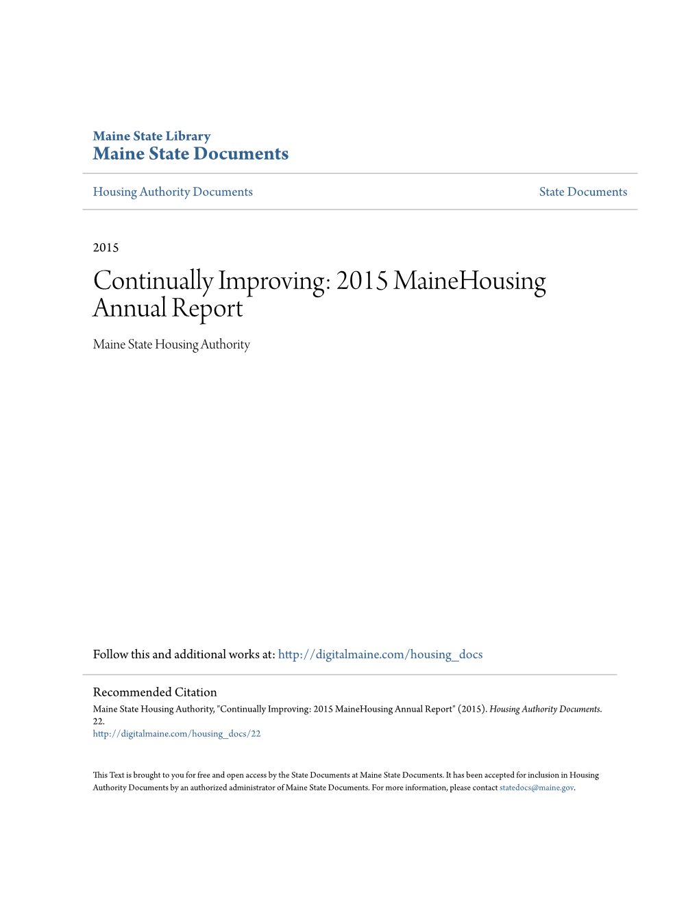 2015 Mainehousing Annual Report Maine State Housing Authority