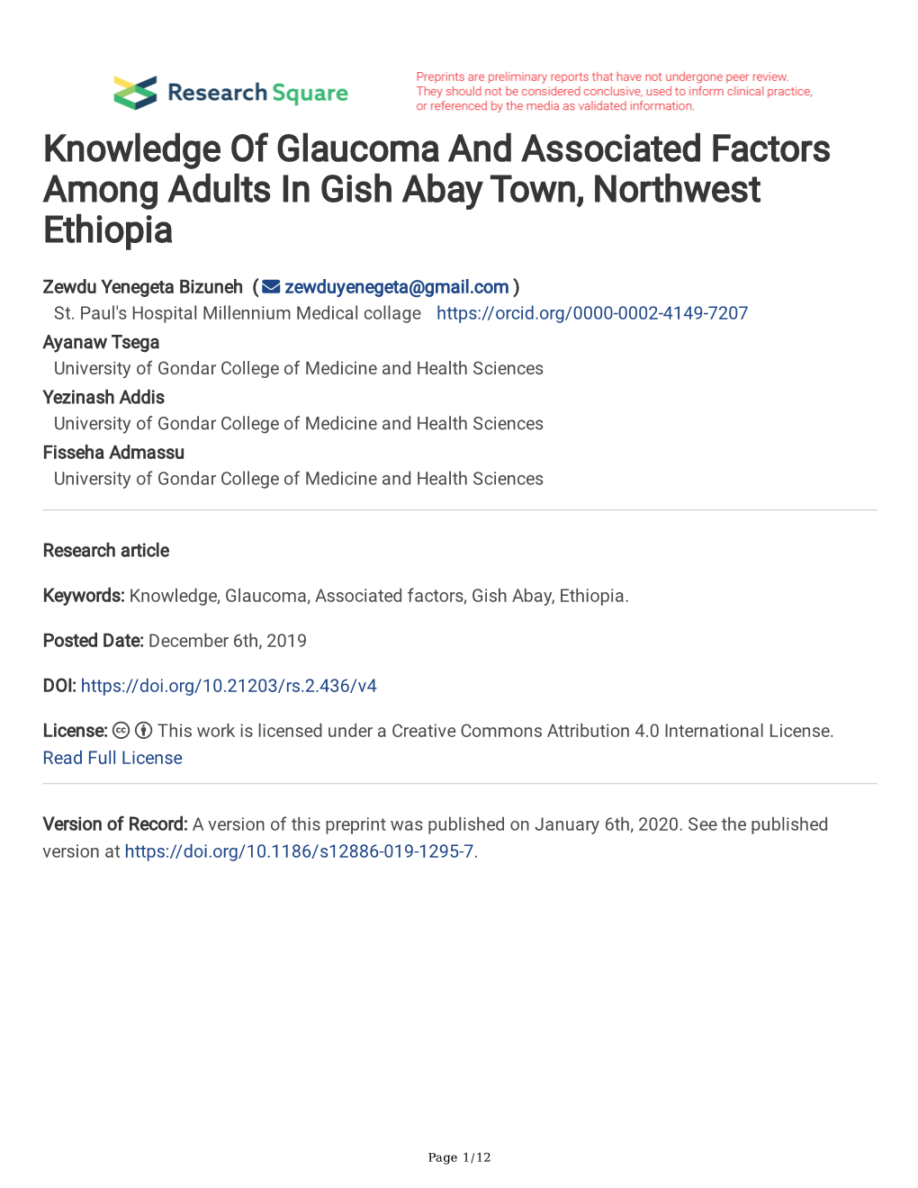 Knowledge of Glaucoma and Associated Factors Among Adults in Gish Abay Town, Northwest Ethiopia