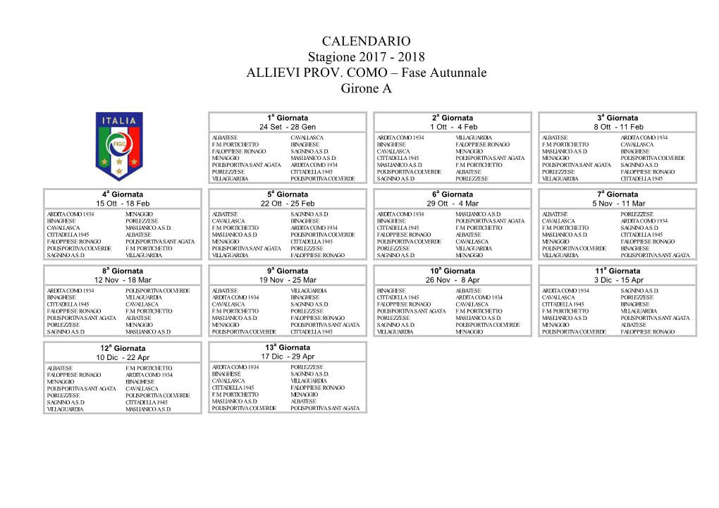 CALENDARIO Stagione 2017 - 2018 ALLIEVI PROV