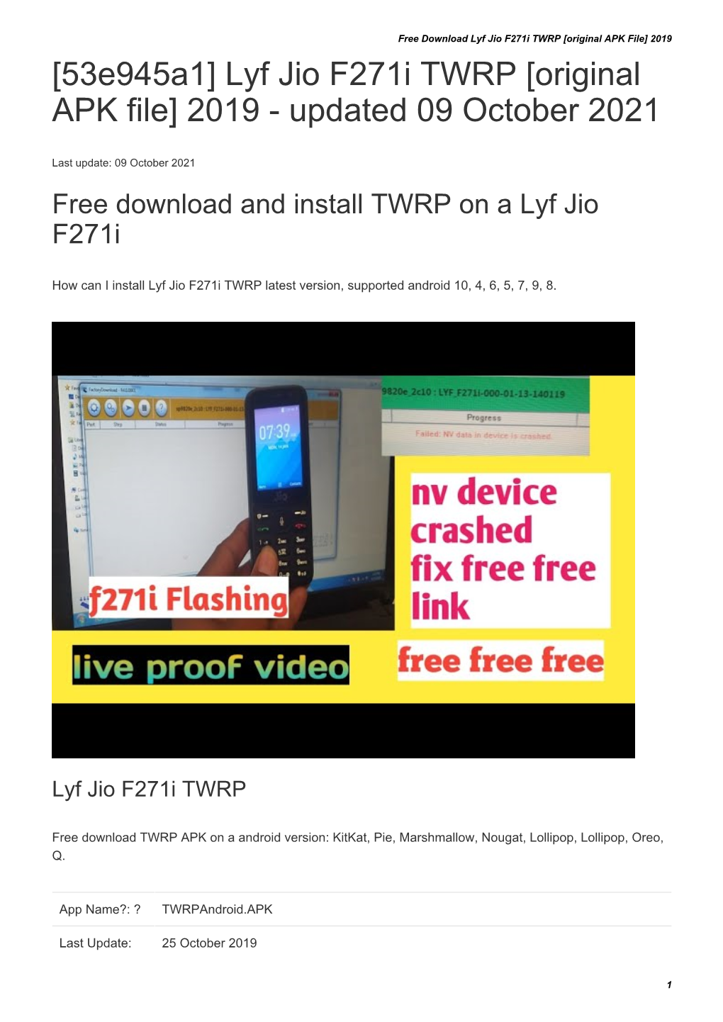 Lyf Jio F271i TWRP [Original APK File] 2019 [53E945a1] Lyf Jio F271i TWRP [Original APK File] 2019 - Updated 09 October 2021