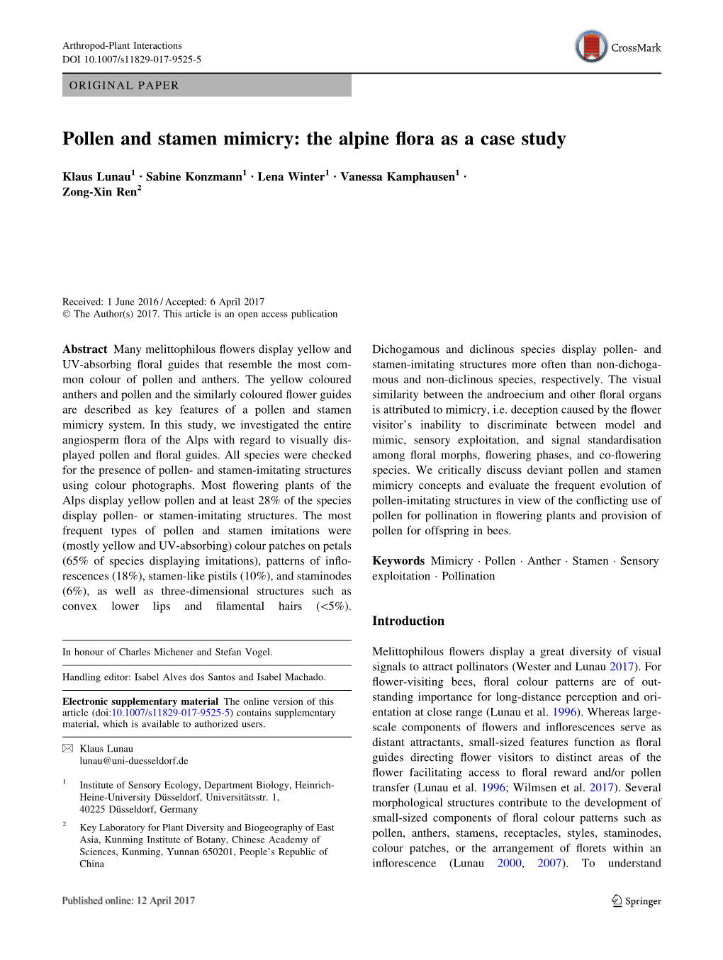 Pollen and Stamen Mimicry: the Alpine Flora As a Case Study