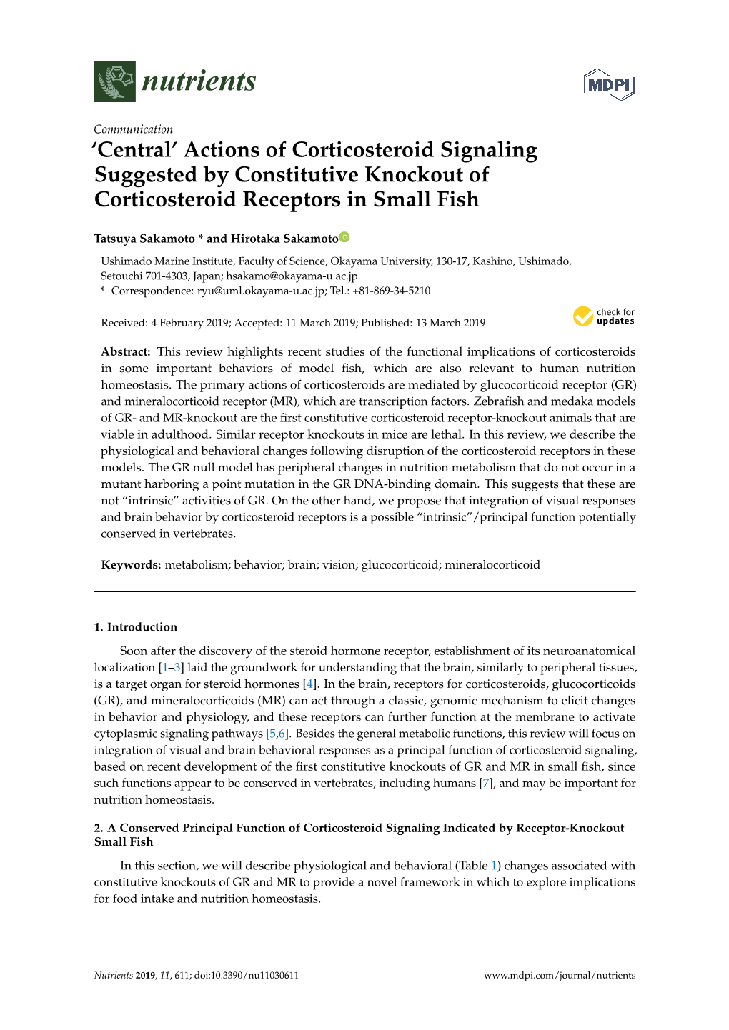 Actions of Corticosteroid Signaling Suggested by Constitutive Knockout of Corticosteroid Receptors in Small Fish