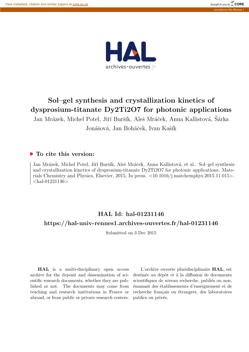 Sol–Gel Synthesis and Crystallization Kinetics of Dysprosium-Titanate