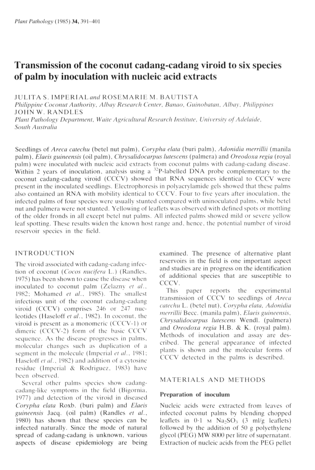 Transmission of the Coconut Cadang-Cadang Viroid to Six Species of Palm by Inoculation with Nucleic Acid Extracts