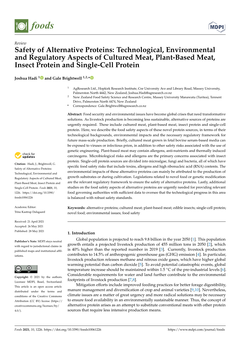 Safety of Alternative Proteins: Technological, Environmental and Regulatory Aspects of Cultured Meat, Plant-Based Meat, Insect Protein and Single-Cell Protein