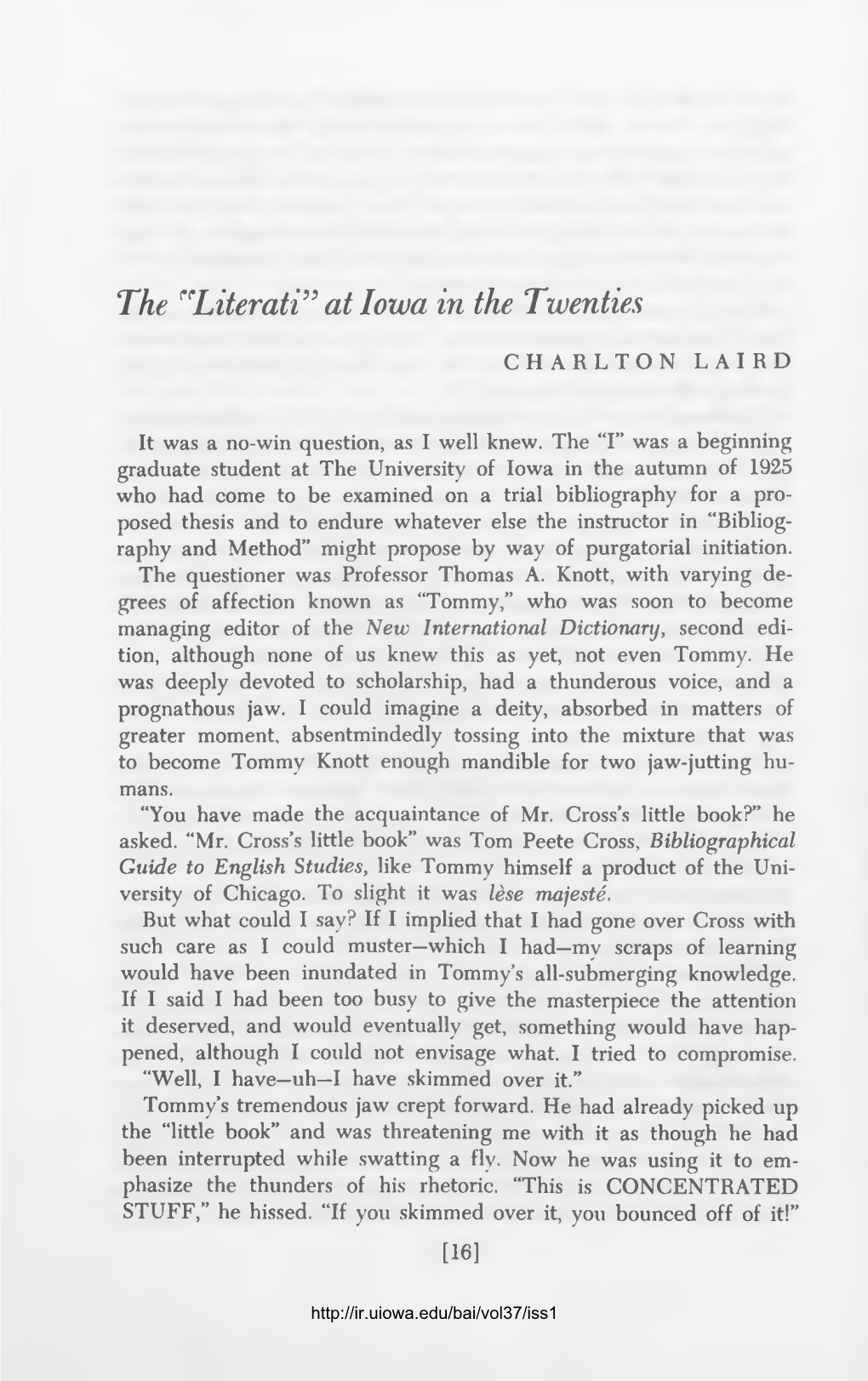 The "Literati" at Iowa in the Twenties