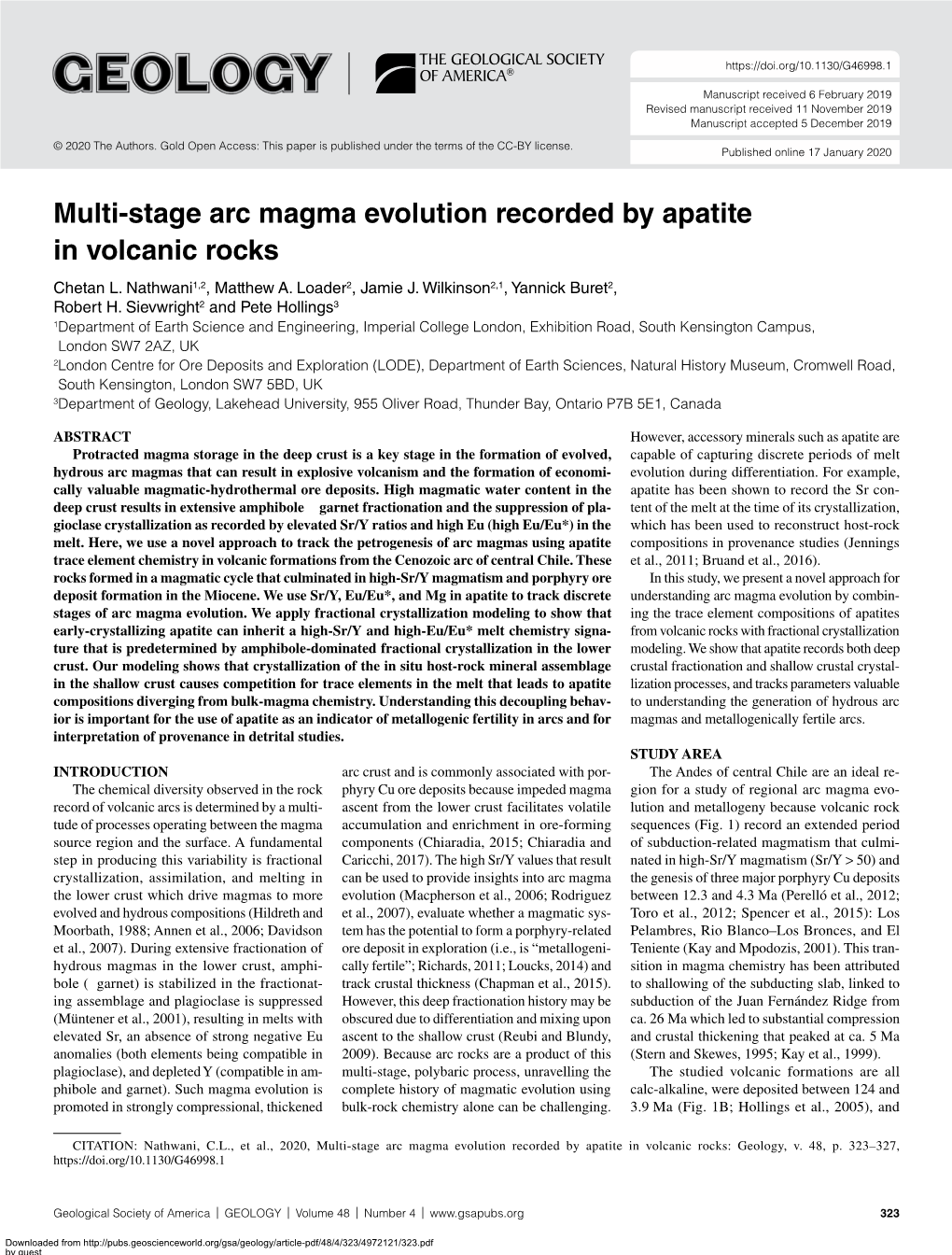 Multi-Stage Arc Magma Evolution Recorded by Apatite in Volcanic Rocks Chetan L