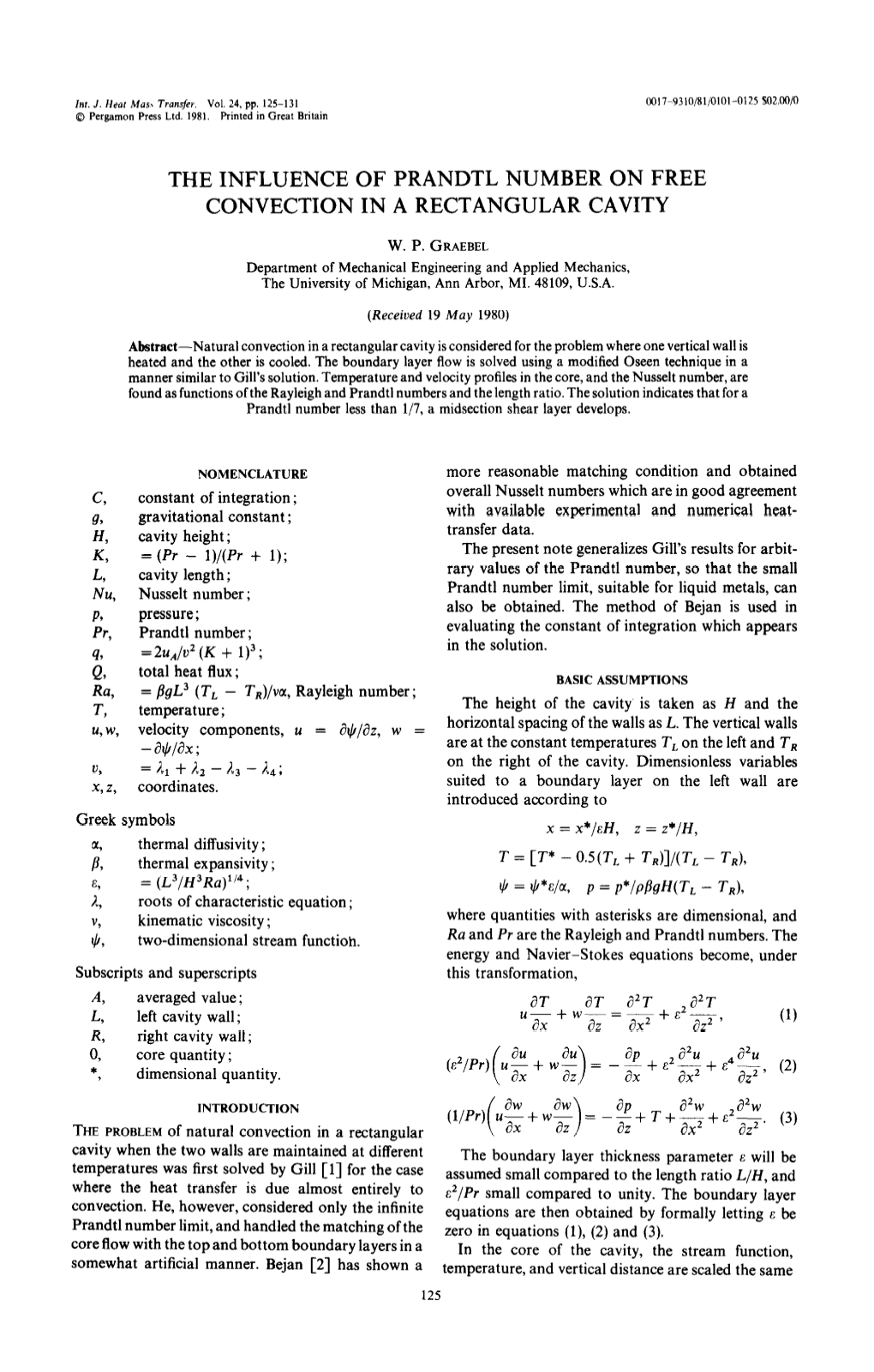 The Influence of Prandtl Number on Free Convection in a Rectangular Cavity