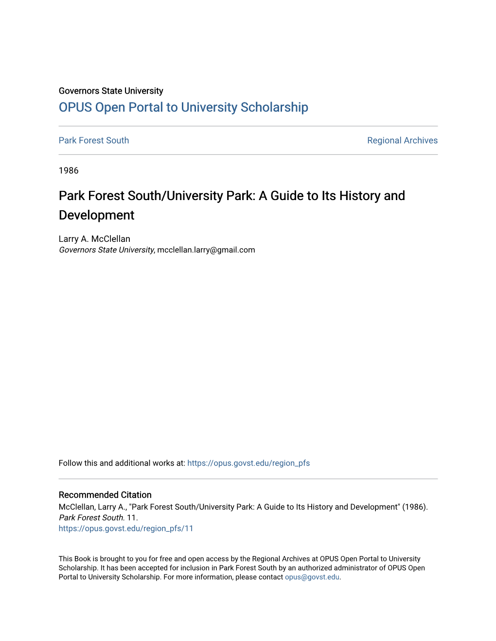 Park Forest South/University Park: a Guide to Its History and Development