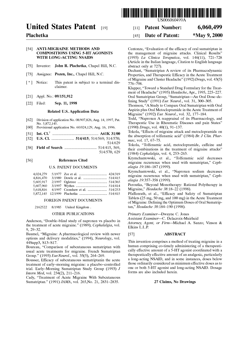 United States Patent (19) 11 Patent Number: 6,060,499 Plachetka (45) Date of Patent: *May 9, 2000