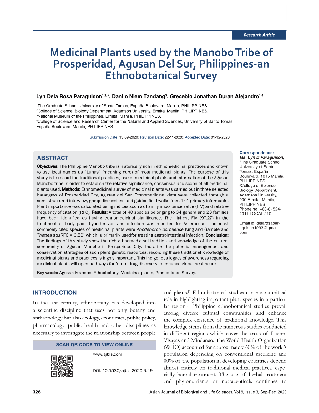 Medicinal Plants Used by the Manobo Tribe of Prosperidad, Agusan Del Sur, Philippines-An Ethnobotanical Survey