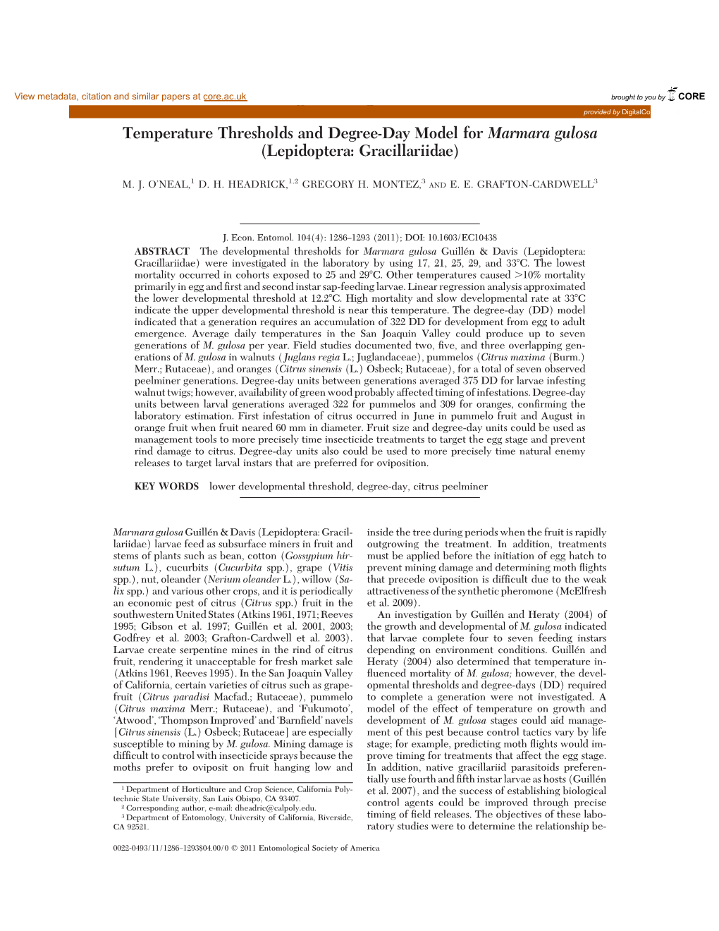 Temperature Thresholds and Degree-Day Model for Marmara Gulosa (Lepidoptera: Gracillariidae)