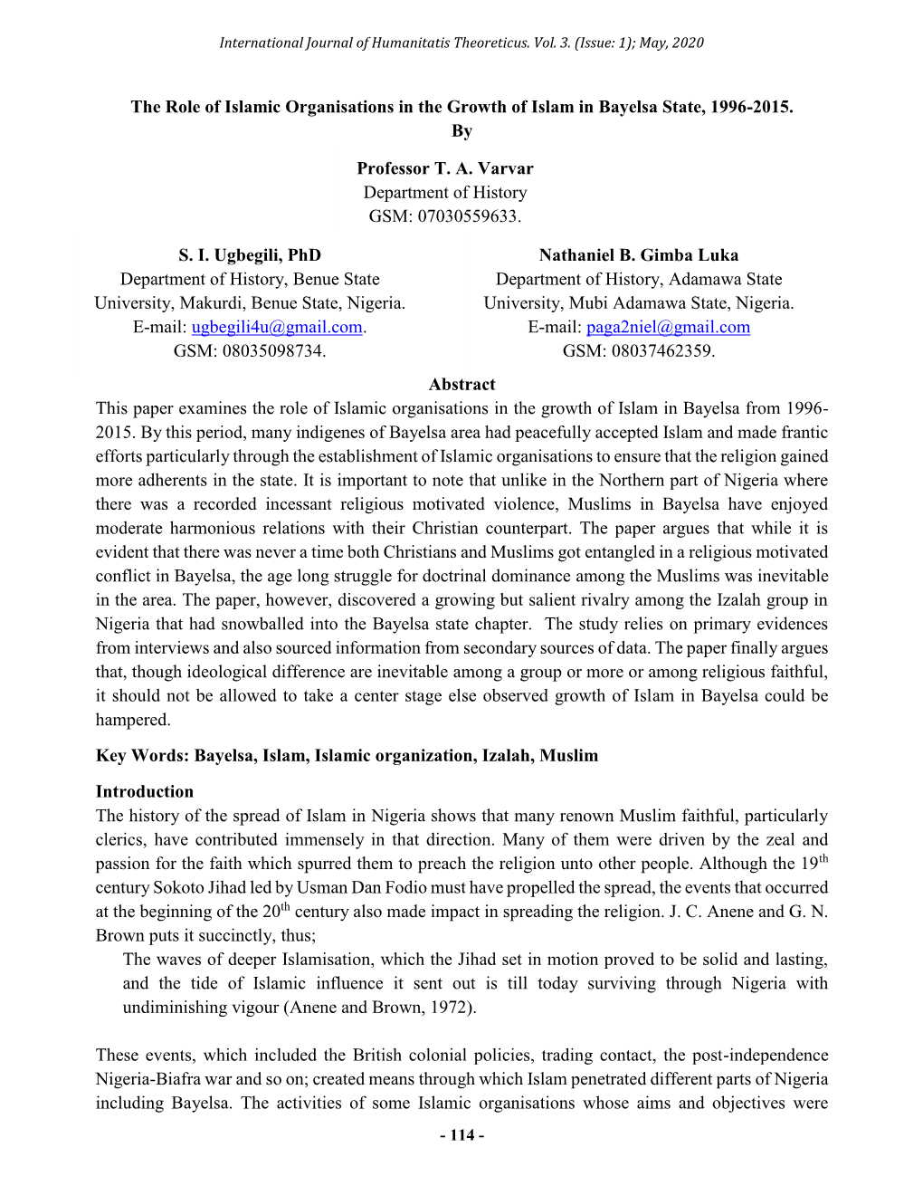 The Role of Islamic Organisations in the Growth of Islam in Bayelsa State, 1996-2015